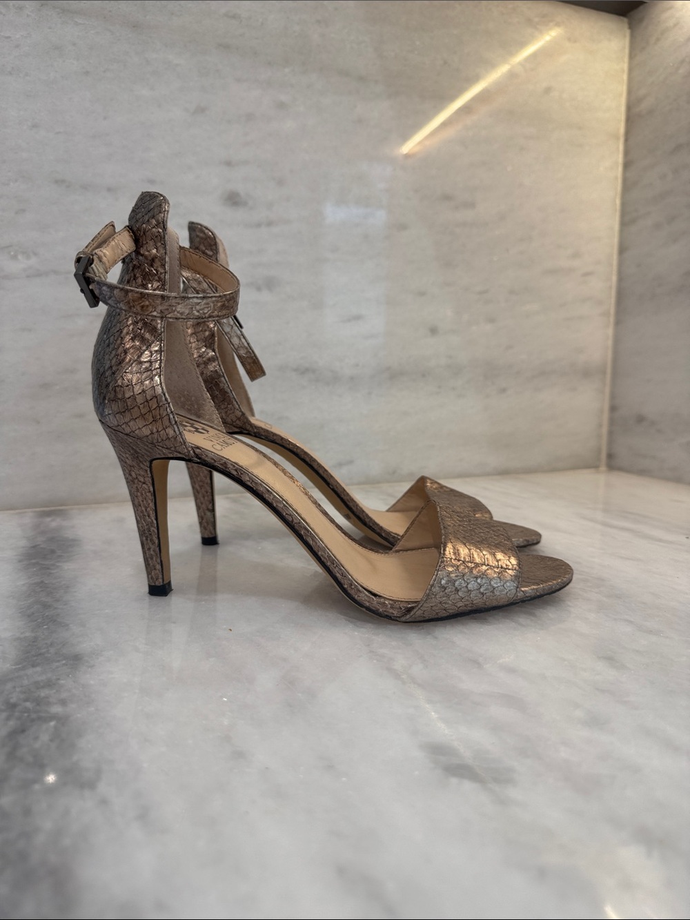 Vince Camuto  Metallic Bronze Gold Strappy Open-Toe Heels 8 - Picture 9 of 11